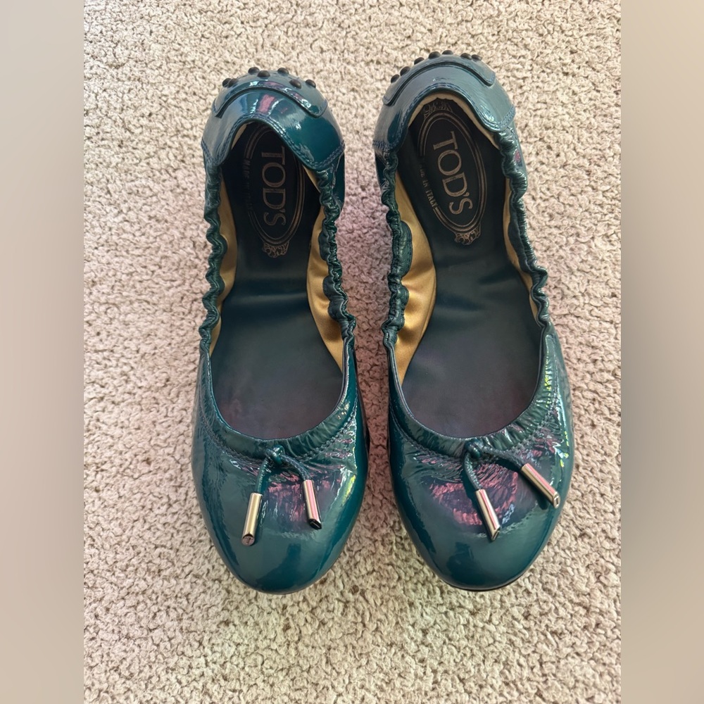 Tod's Teal Patent Leather Ballet Flats with Metallic Tips